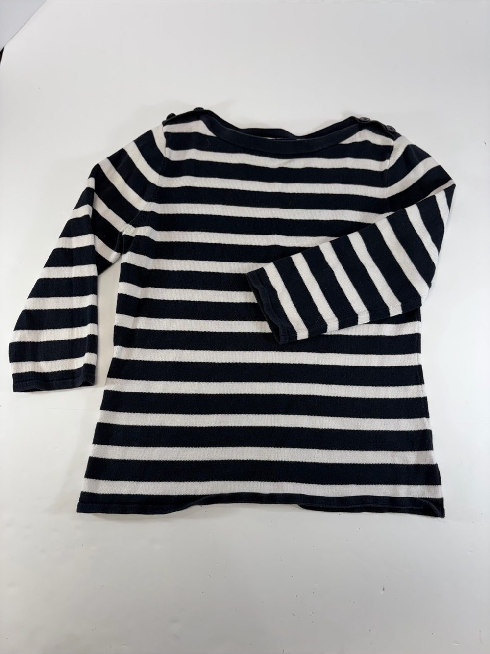 Chaps Striped Knit Sweater Women Medium M Navy Blue White Button Shoulder
